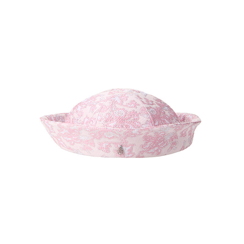 Mini Trey - Chapeau de marin en brocart rose brodé de fleurs.