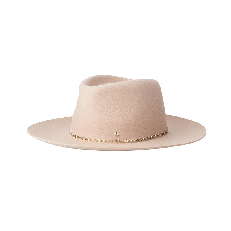 Miren - Fedora en feutre de laine couleur lin avec un ruban en strass doré.