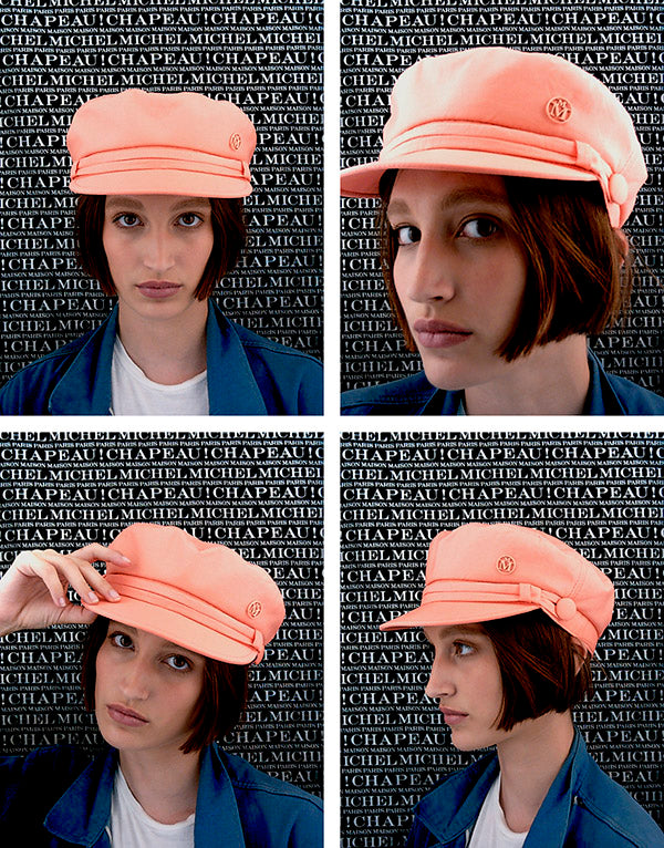 New Abby - Casquette en tissu pêche et son cordon assorti.