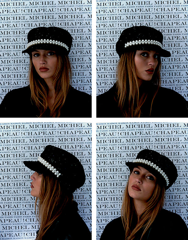 New Abby - Casquette en tweed noir orné de sequins et d’un rang de perles.