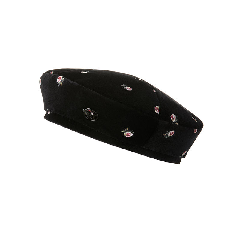 New Billy - Béret en velours noir orné de motifs imprimés de roses.