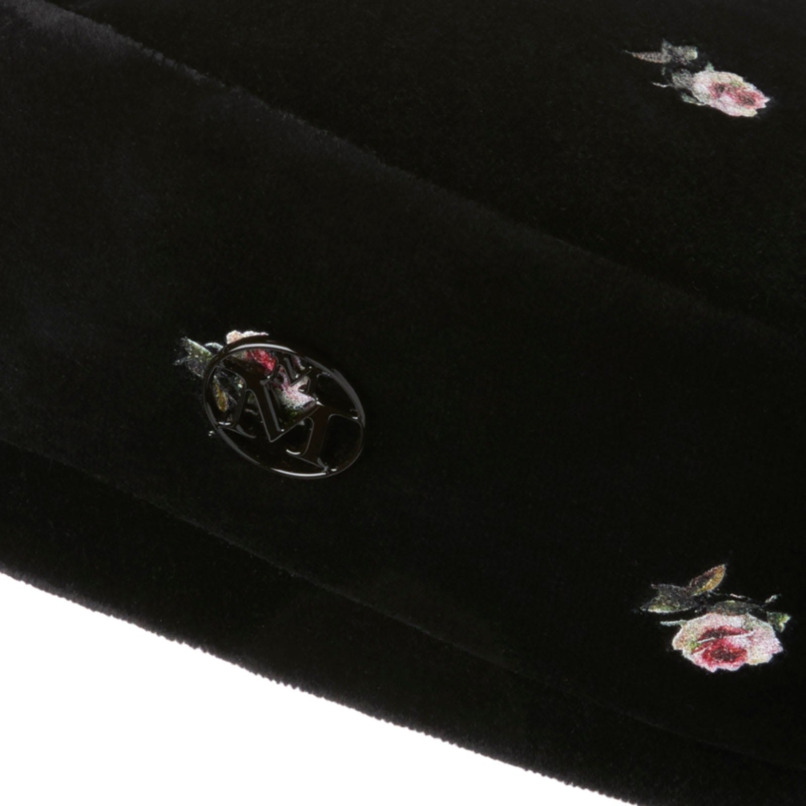 New Billy - Béret en velours noir orné de motifs imprimés de roses.