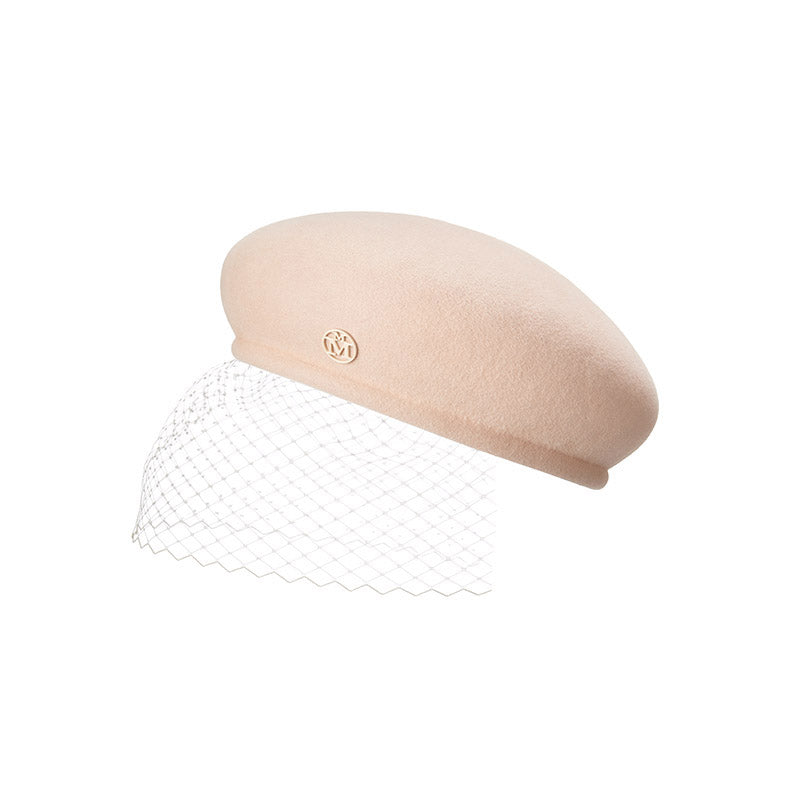 New Bonnie Veil - Béret en feutre de laine bunker beige avec voilette ton sur ton.