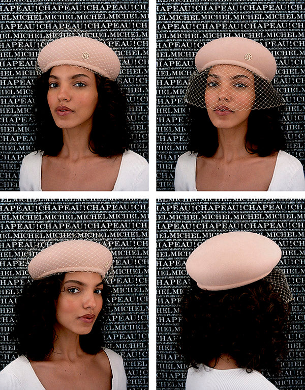 New Bonnie Veil - Béret en feutre de laine bunker beige avec voilette ton sur ton.