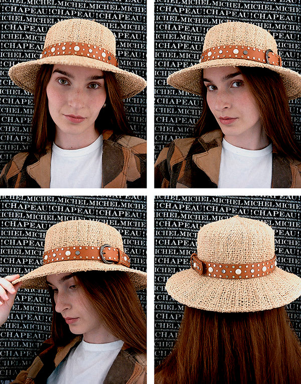 New Kendall - Chapeau cloche en paille raphia et sa ceinture en cuir avec des perles et strass.