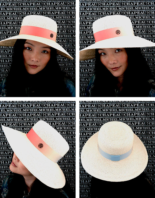New Kendall - Chapeau cloche en paille brisa avec un ruban effet tie&dye coucher de soleil.