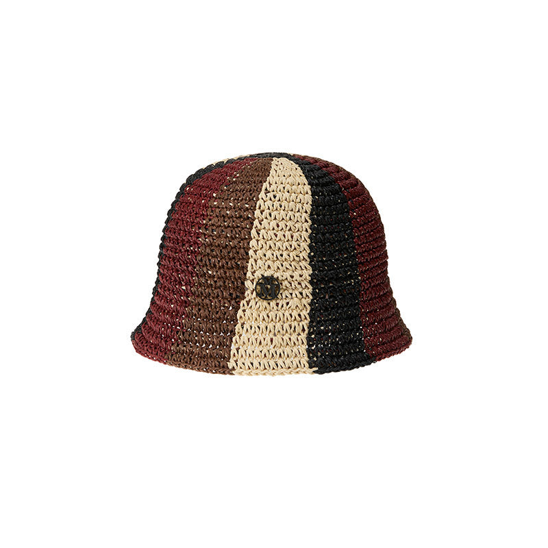 Pablo - Chapeau cloche en paille crochetée avec des rayures horizontales marron, noir et bordeaux.