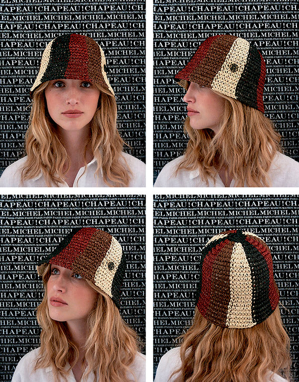 Pablo - Chapeau cloche en paille crochetée avec des rayures horizontales marron, noir et bordeaux.
