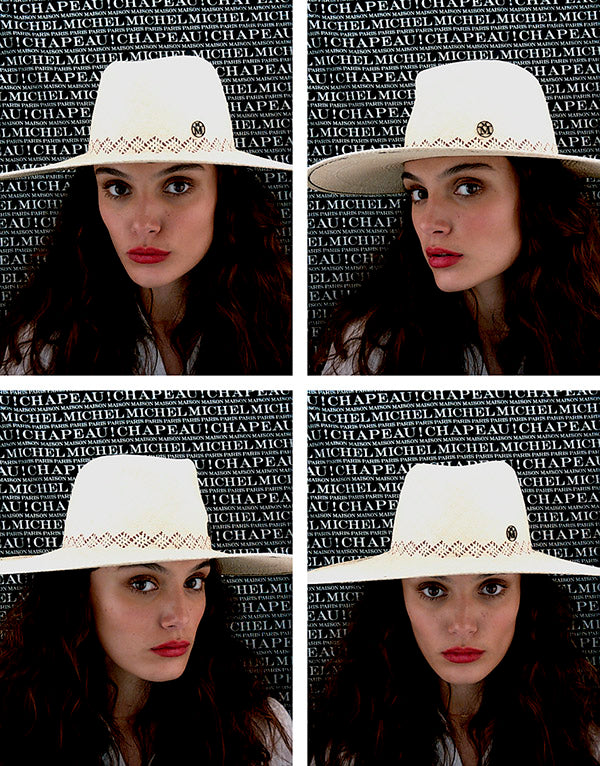 Roy - Chapeau à bords larges en paille brisa naturelle et multicolore avec des motifs perforés.