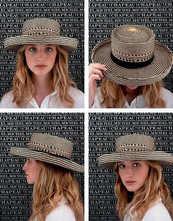 Sonjador - Chapeau à large bord avec bords relevés en paille brisa bicolore et un ruban noir.