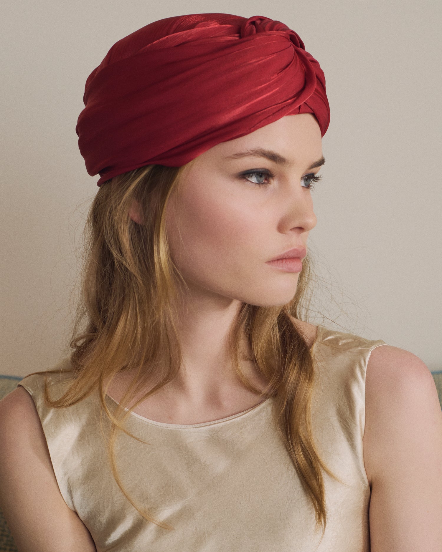 Red silky turban