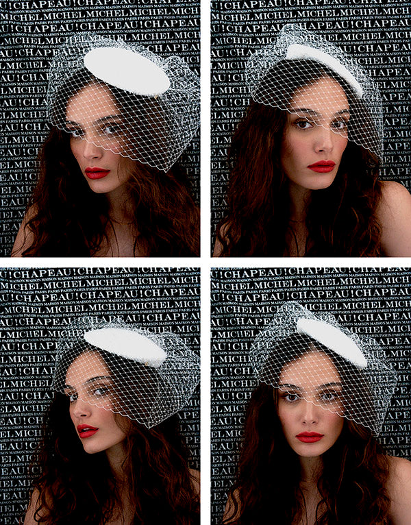 Tess - Bibi en tweed blanc et doré avec un voile.