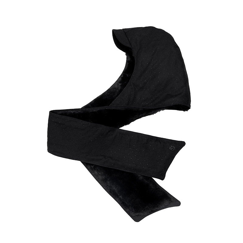 Violaine - Capuche en laine noire avec de la fausse fourrure et des strass Preciosa.