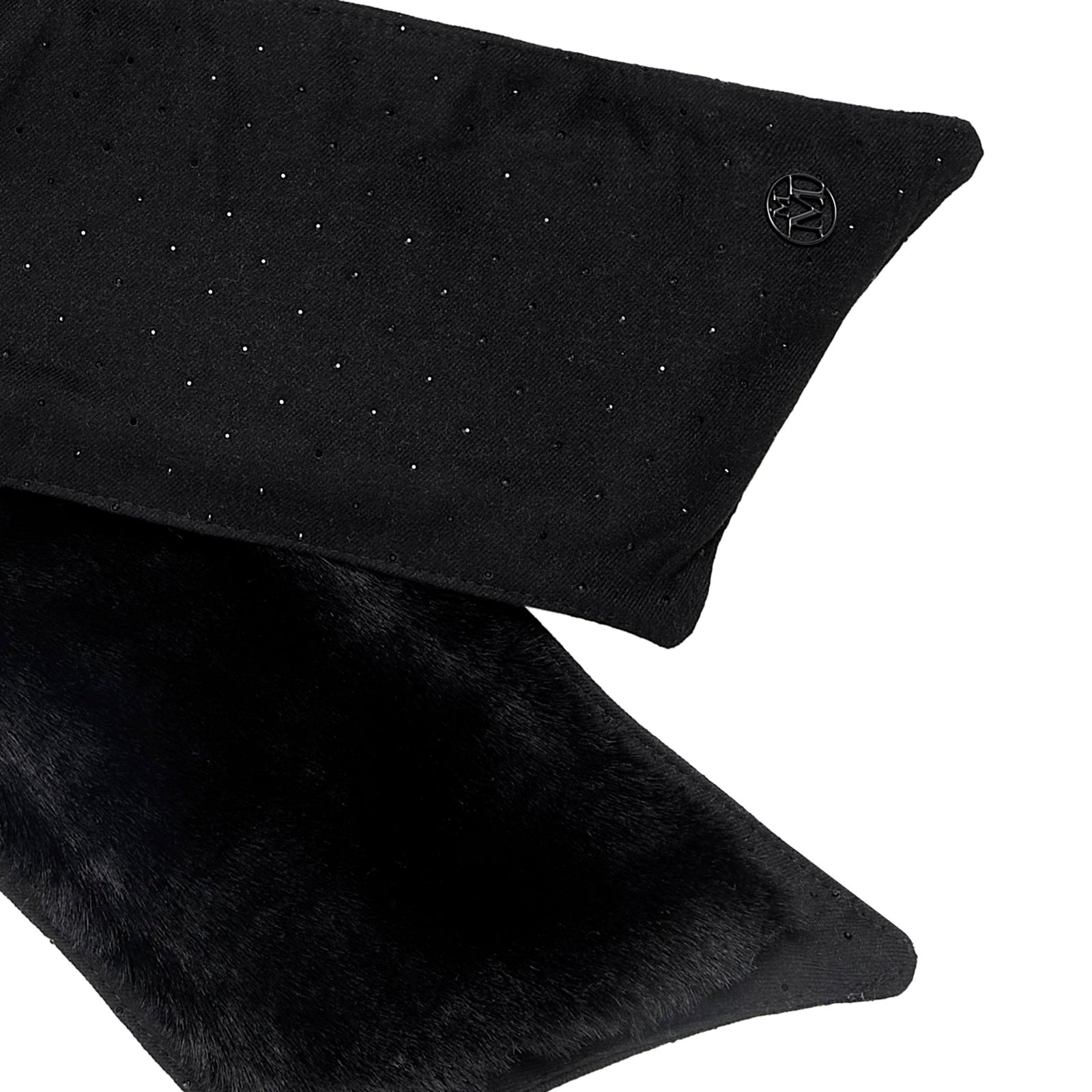 Violaine - Capuche en laine noire avec de la fausse fourrure et des strass Preciosa.