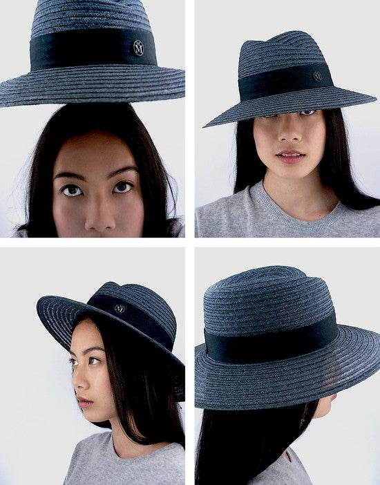 Virginie - fedora en paille cousue bleu marine.