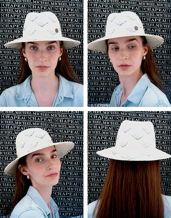 Virginie - Fedora avec des fleurs bleues tressées dans la paille.