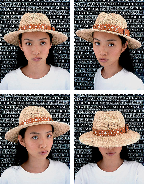 Virginie - Fedora en paille raphia et sa ceinture en cuir avec strass et perles.