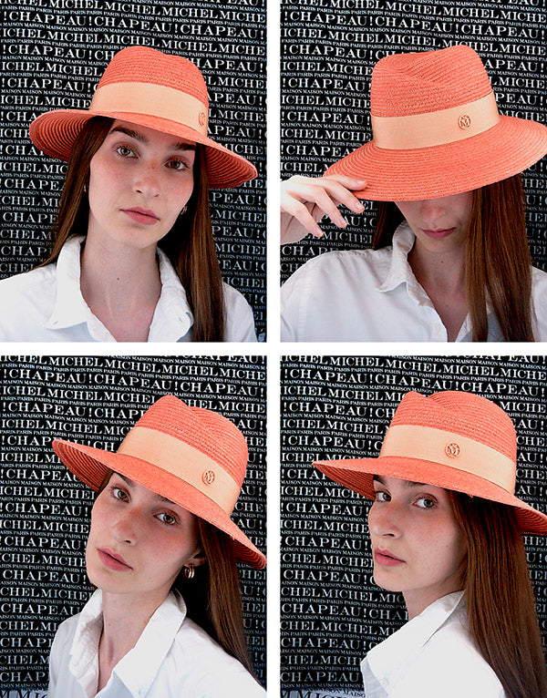 Virginie - Fedora en paille pêche avec un gros grain assorti.