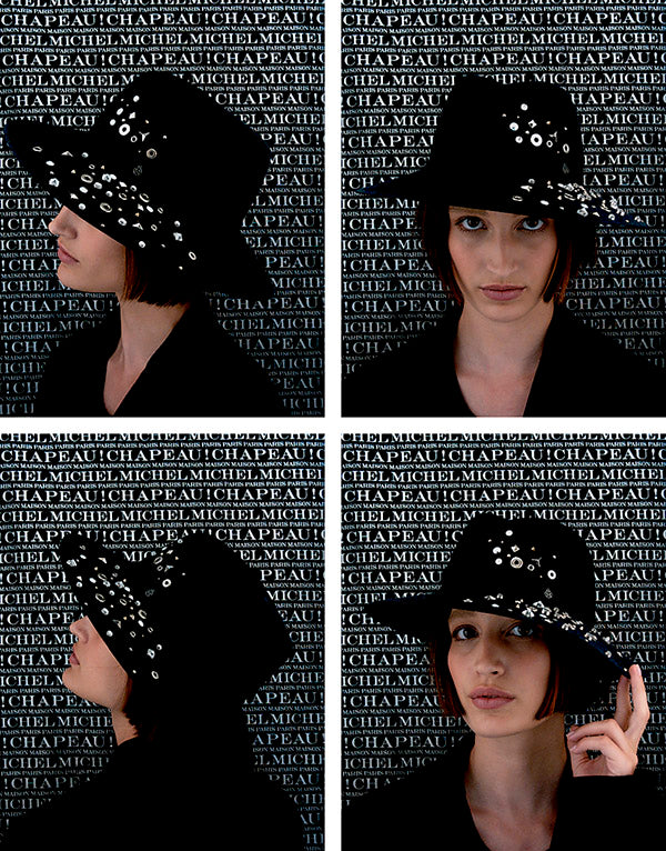 Virginie - Fedora en feutre bleu marine avec strass et clous effet poussière d'étoile.