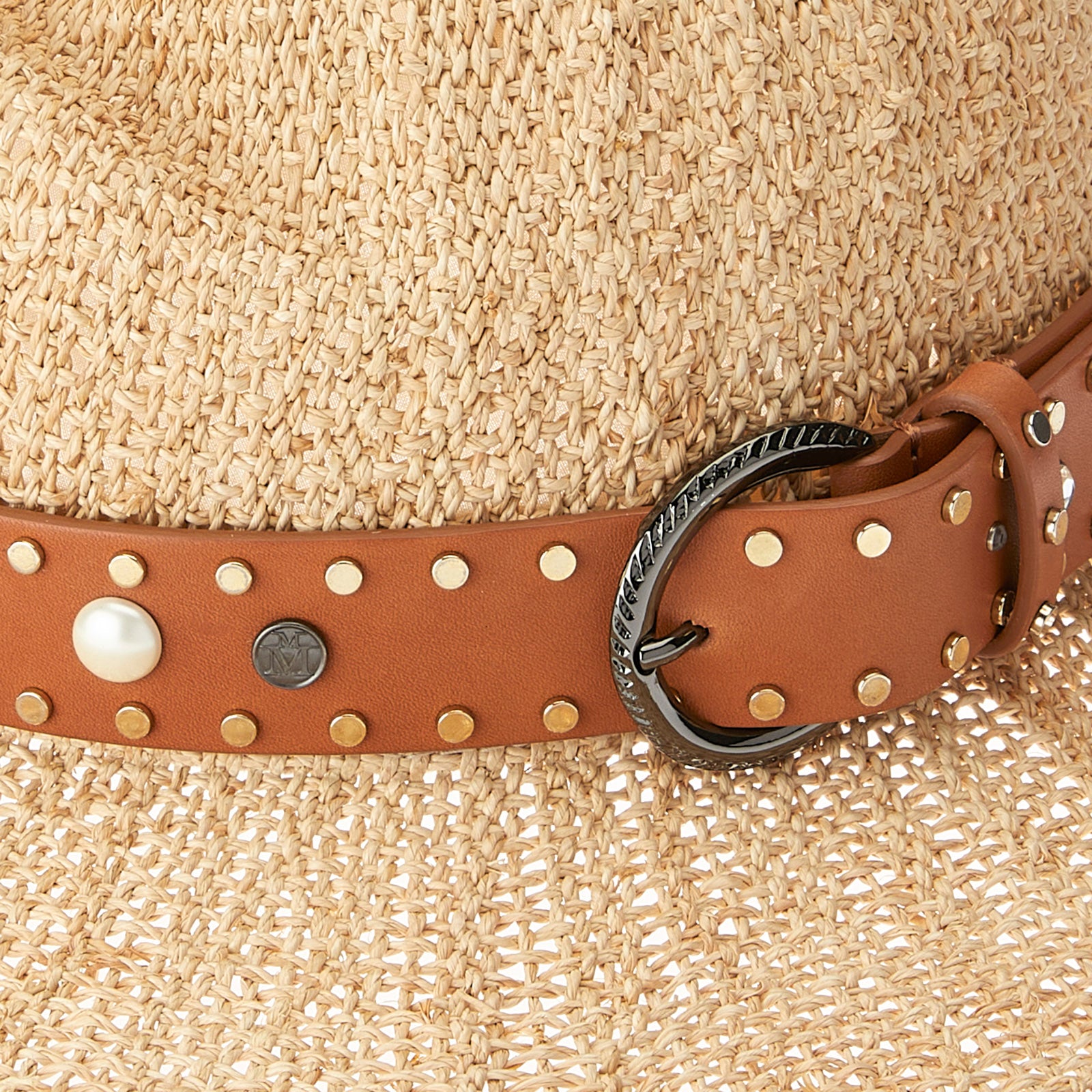 Virginie - Fedora en paille raphia et sa ceinture en cuir avec strass et perles.
