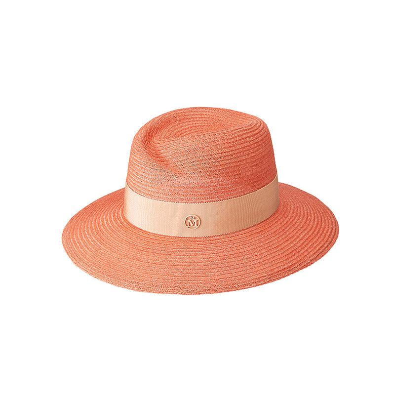 Virginie - Fedora en paille pêche avec un gros grain assorti.