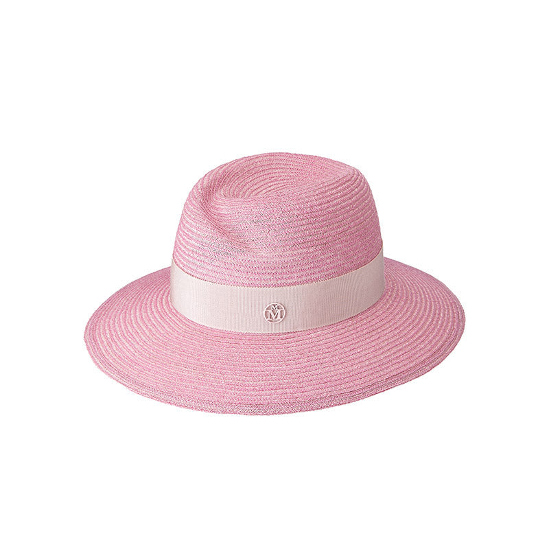 Virginie - Fedora en paille bubblegum avec un gros grain assorti.
