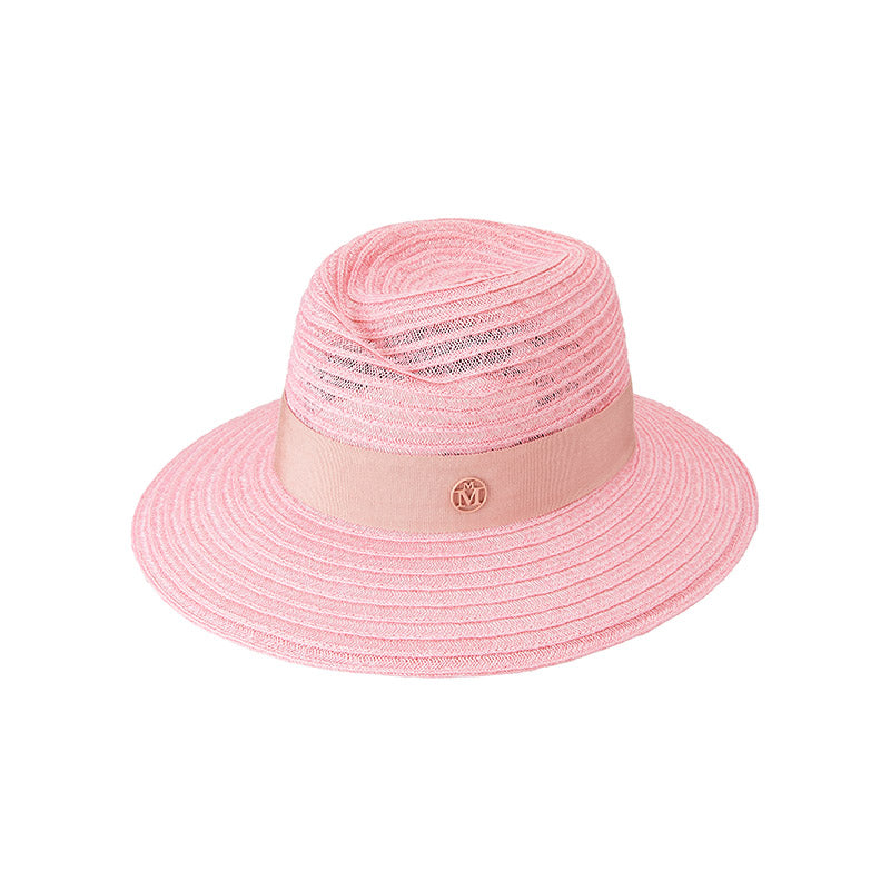 Virginie - Fedora en paille rose floral avec un ruban ton sur ton.