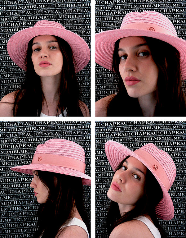 Virginie - Fedora en paille rose floral avec un ruban ton sur ton.