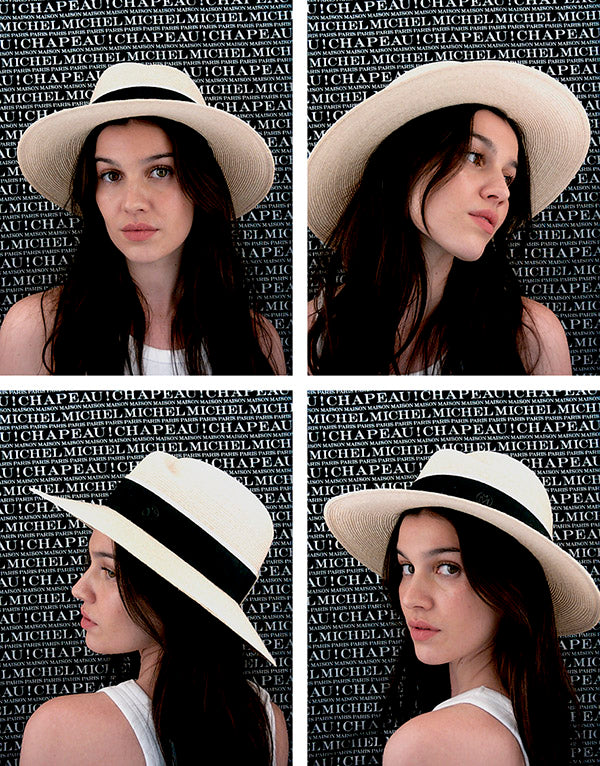Virginie - Capsule d'été. Fedora en paille naturelle avec un ruban noir et blanc.