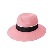 Virginie - Capsule d'été. Fedora en paille rose floral avec un ruban noir et blanc.