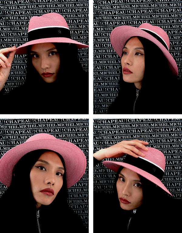 Virginie - Capsule d'été. Fedora en paille rose floral avec un ruban noir et blanc.