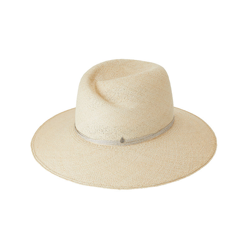 Virginie - Fedora en paille naturelle avec un ruban en lurex argenté.
