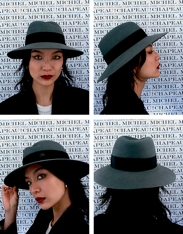 Virginie - Fedora en feutre de laine gris foncé orné d’un ruban ton sur ton.