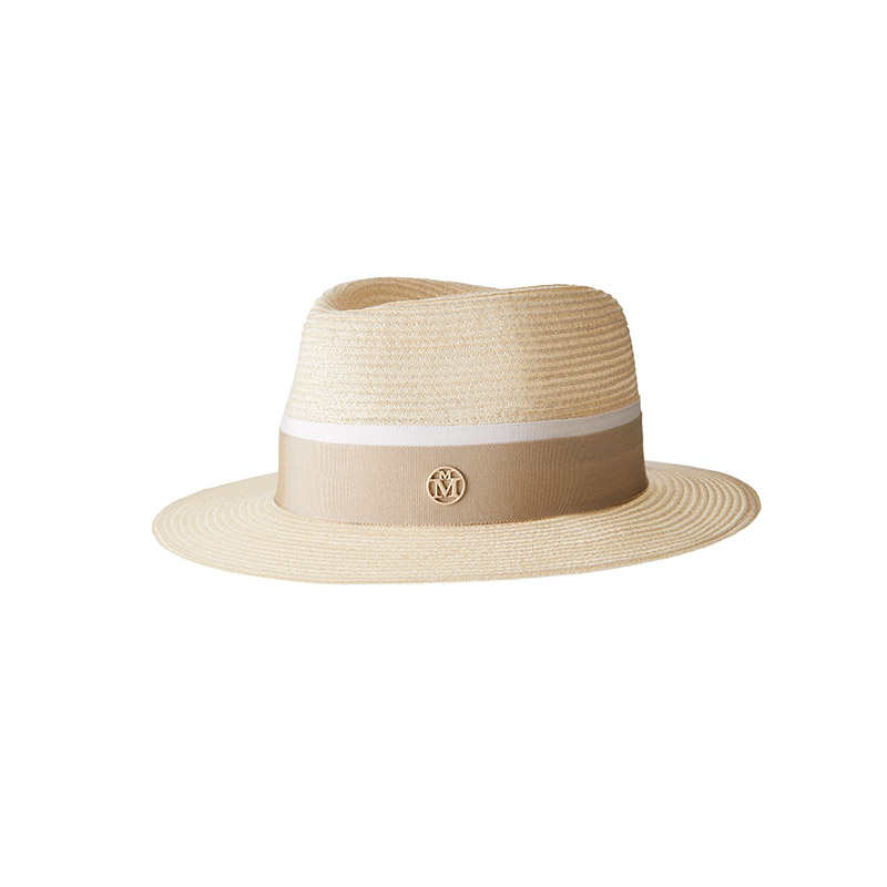 Hemp straw fedora hat with beige grosgrain ribbon