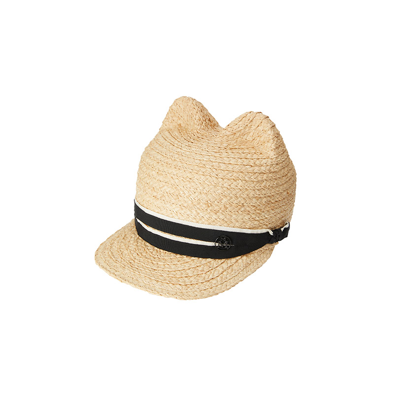 Upgrade your style with our natural straw cap. Embellished with a black grosgrain ribbon, it adds a touch of refinement to any outfit.
<ul>
 	<li>- Straw cap</li>
 	<li>- Cat ears</li>
 	<li>- Black gros grain ribbon</li>
 	<li>- Black Maison Michel logo</li>
</ul>
How to care for your hat:
The handcrafted design of this model does not allow it to be waterproof. It is recommended to store it away from air and humidity.