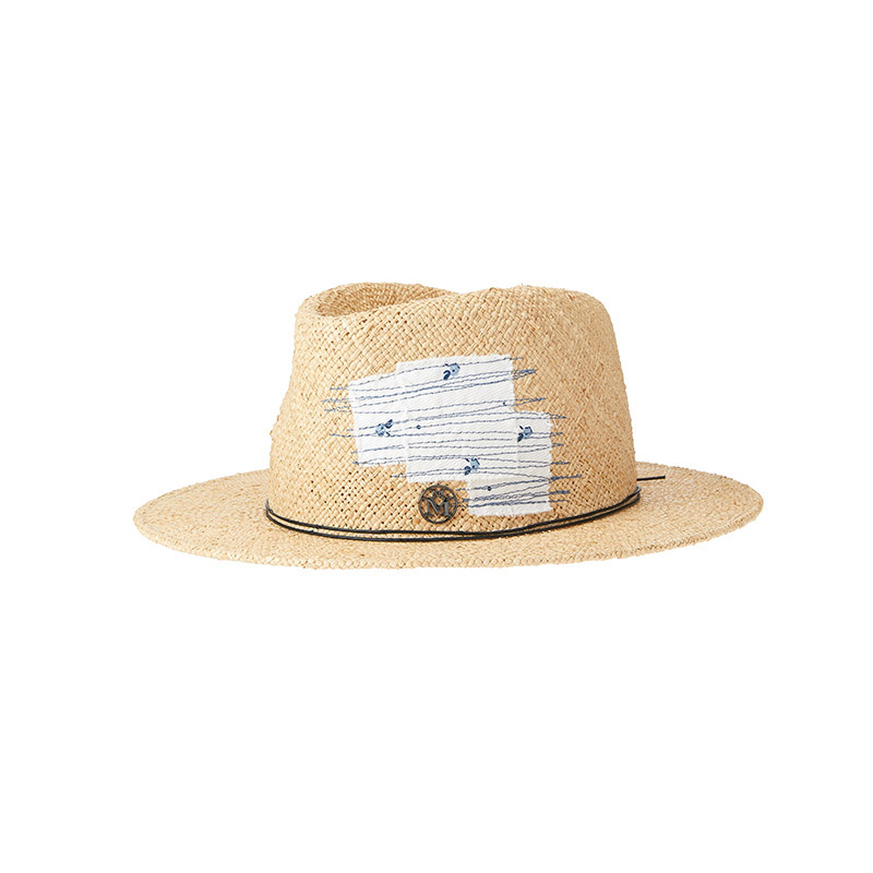 Fedora hat in raffia straw with a Maison Michel exclusive denim patch