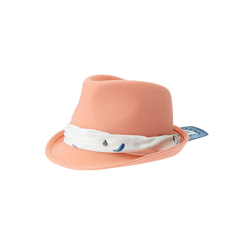 Fedora hat in peach felt with a printed scarf around the hat
