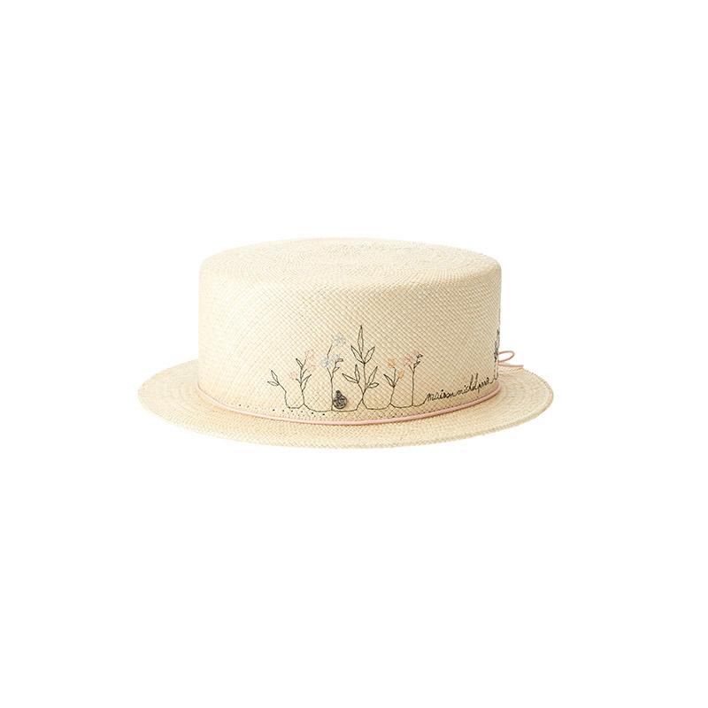 Boater hat in brisa straw with handsewn embroideries and pink cord