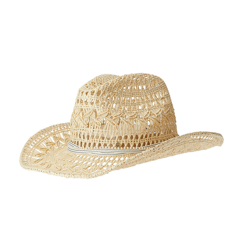 Cowboy hat made of cannage paper straw with a striped ribbon and pearls