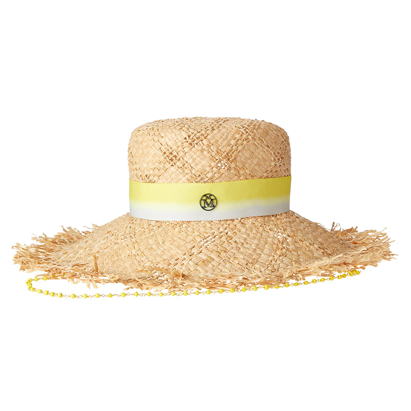 Cloche hat made of raffia straw with fringes and a yellow Tie & Dye ribbon