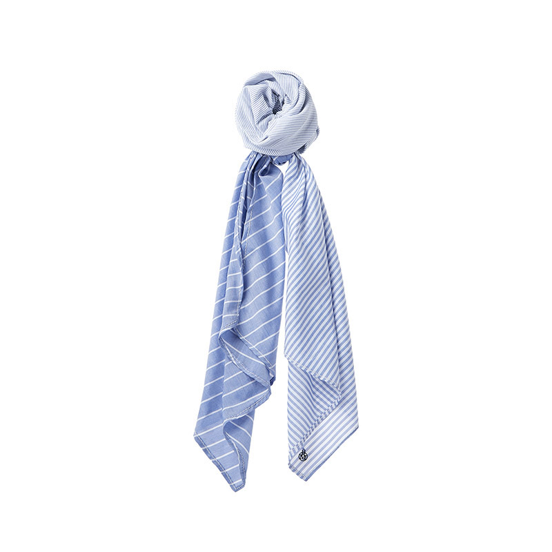 Scrunchie with a blue and white striped color bloc shirting