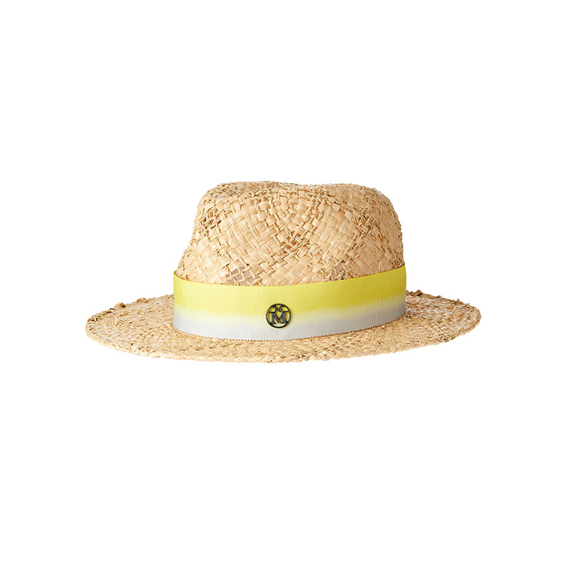 Fedora hat made of raffia straw with yellow Tie & Dye ribbon