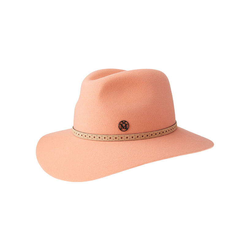 Fedora hat in peach felt with a perforated suede band
