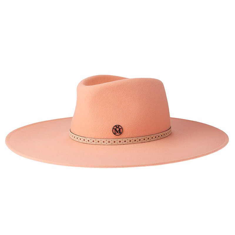 Wide brim hat in peach felt with a perforated suede band