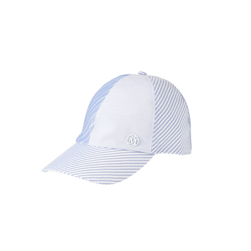 Cap made of striped blue and white color bloc shirting