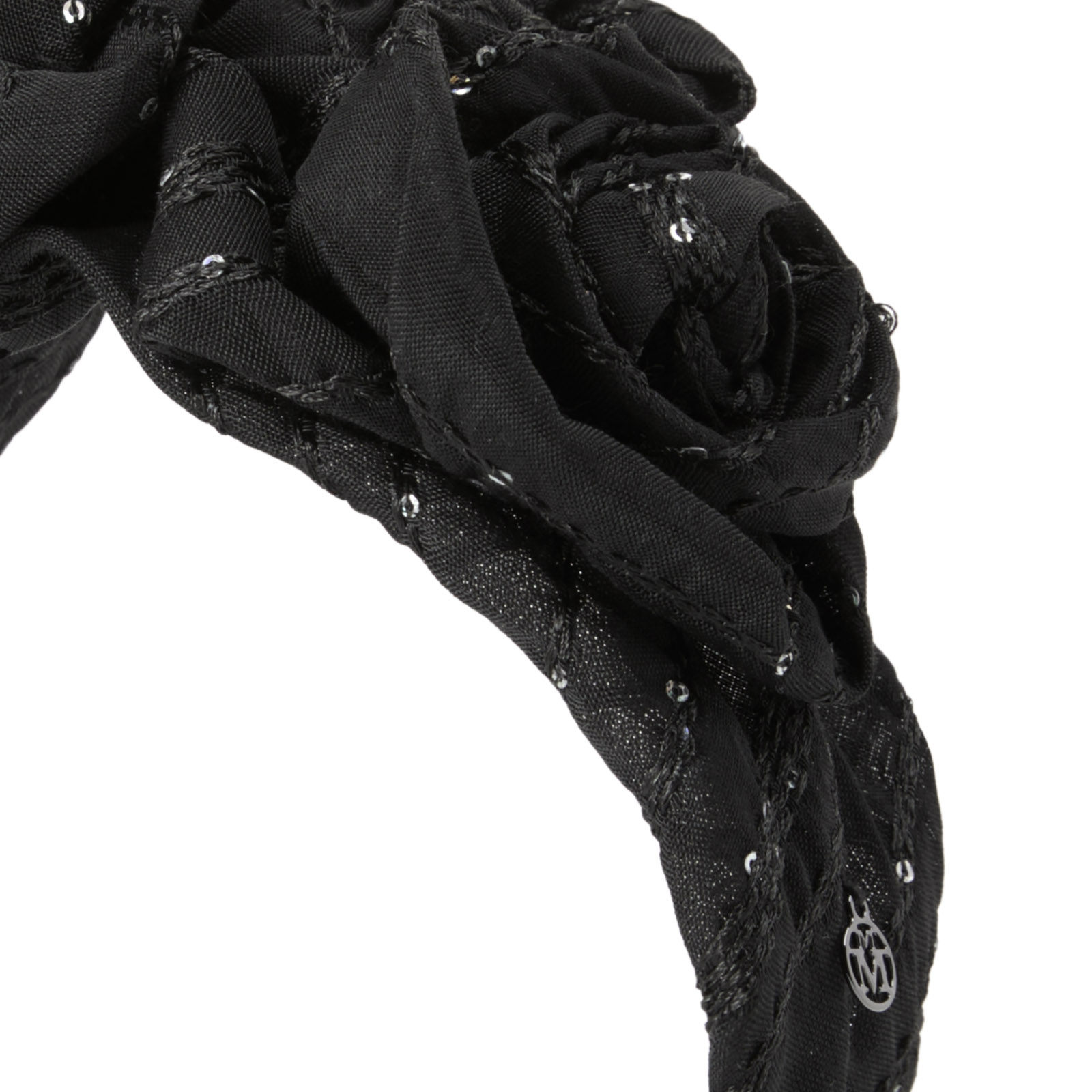 Headband in black fabric embellished with sequins and flowers