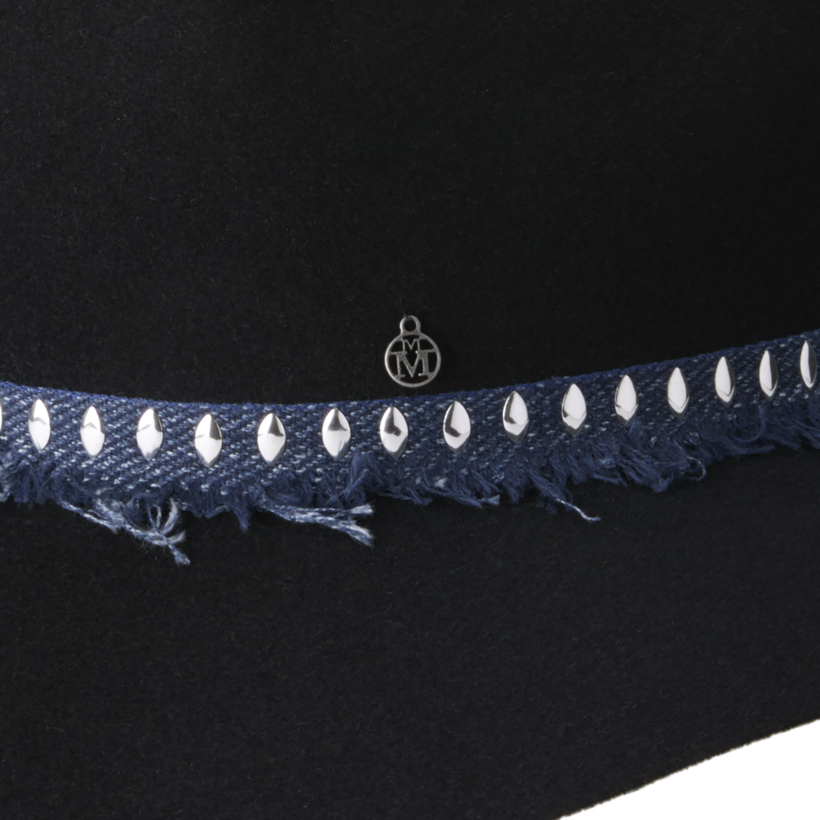 Fedora hat in black wool felt embellished with dark blue and silver metal fringed ribbon