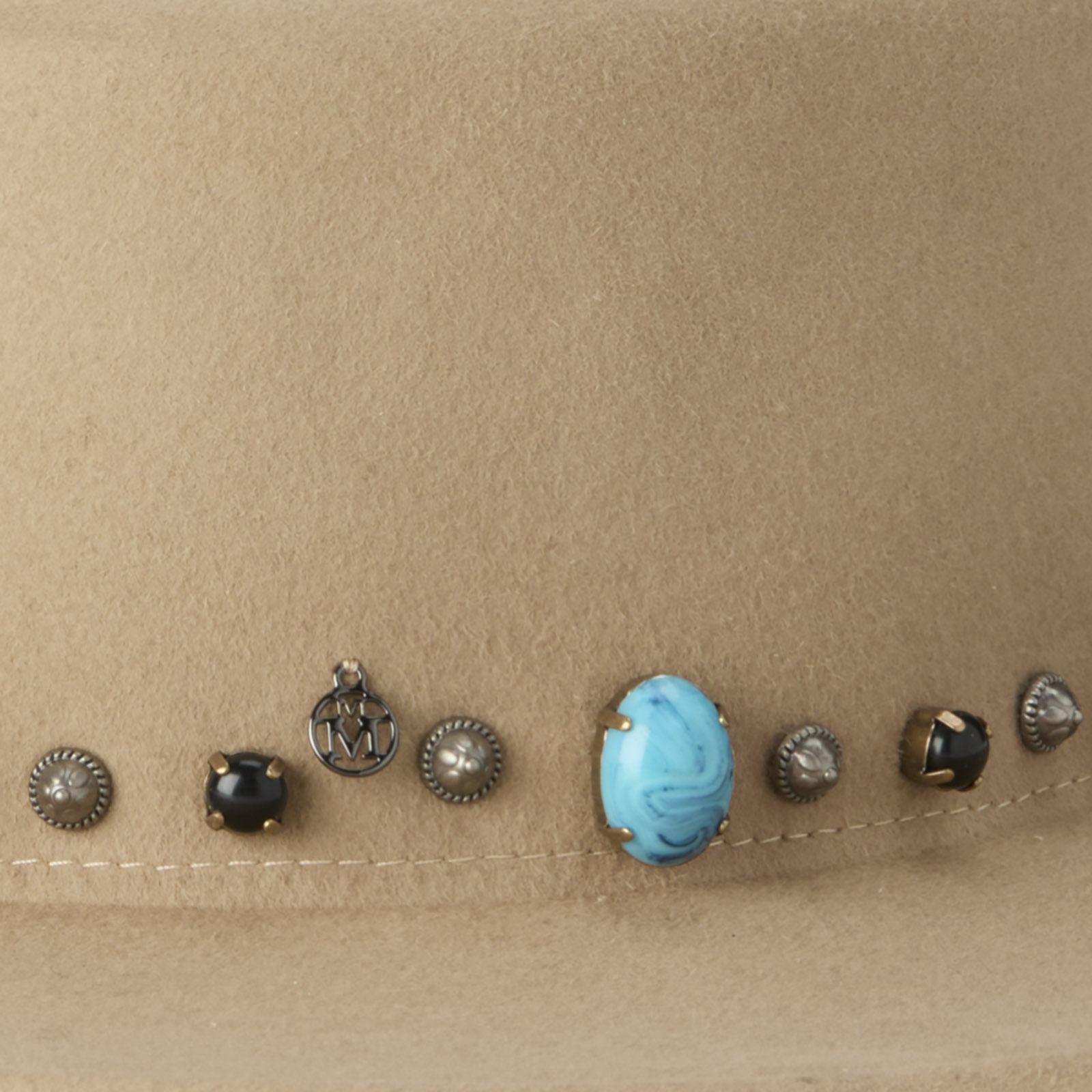 Boater hat in beige onyx wool felt embellished with hand-laid stones and studs