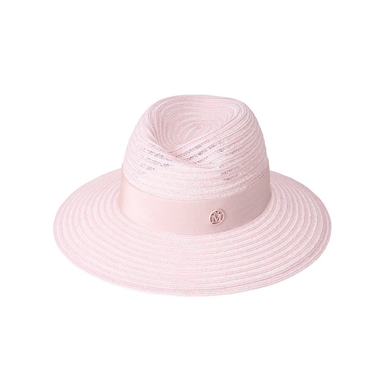 Fedora hat in pink straw embellished with a tone on tone ribbon